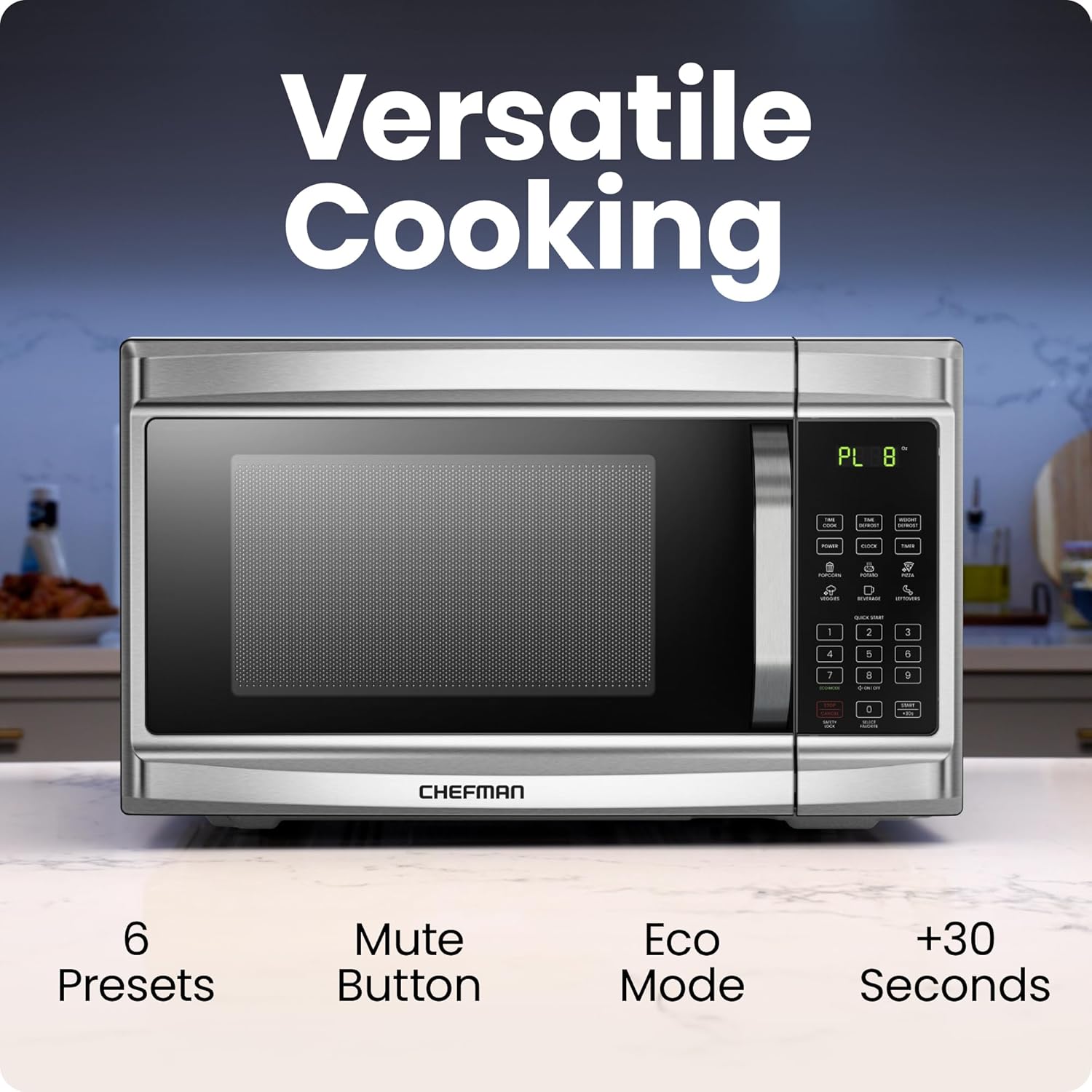 Chefman Countertop Microwave Oven, 1.3 Cu. Ft. Digital, Stainless Steel, 1000 Watts, with 6 Auto Menus, 10 Power Levels, Eco Mode, Memory, Mute Function, Child Safety Lock, Easy Clean Microwave Ovens