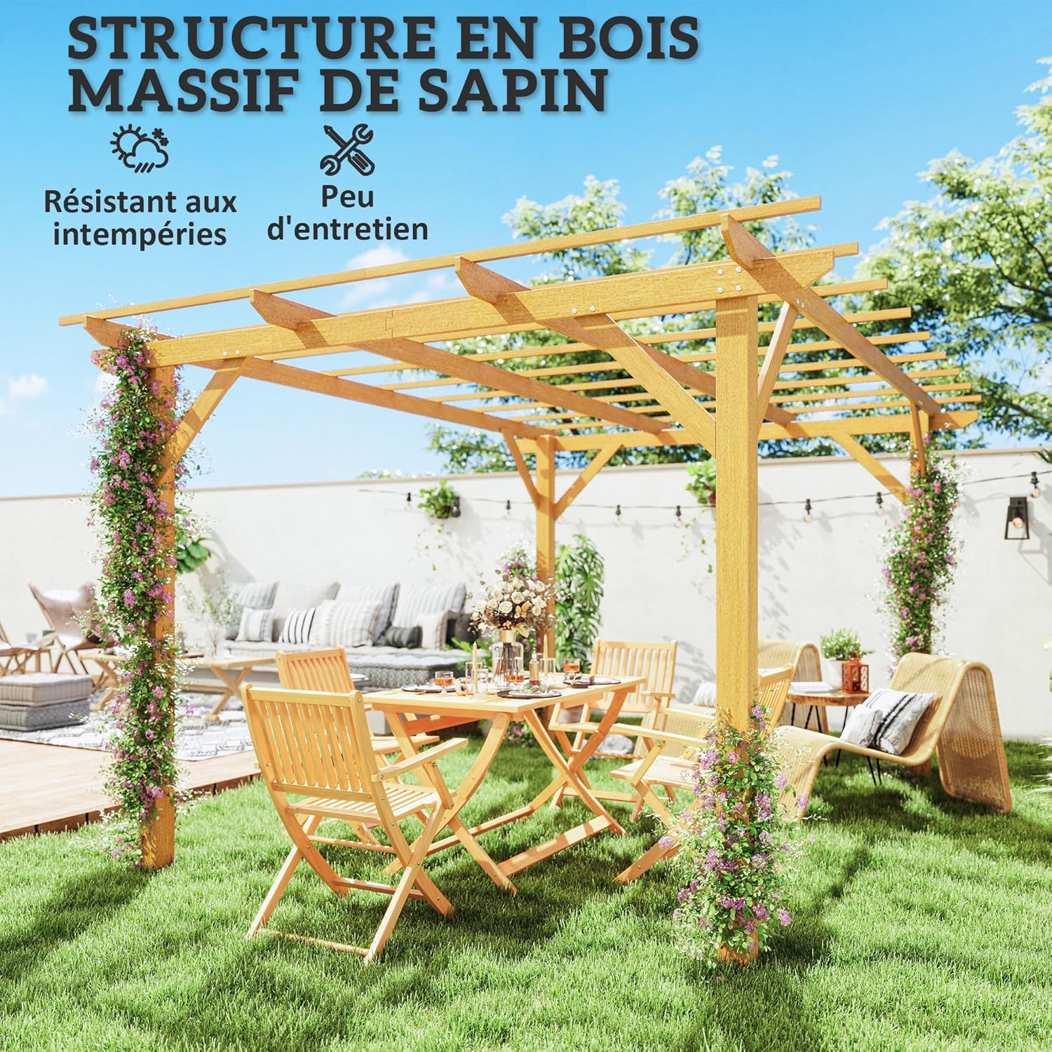 Outsunny Pergola Garten im Freien 3 x 4 m versenkbare Schiebepergola, Holzpergola, Gartenlaube für Kletterreben, Blumen, Rosen, Pergola für Terrasse, Patio, Naturholz