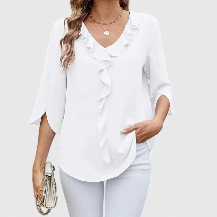 Women's Chiffon Blouse Ruffle V-Neck Half-Sleeve Style