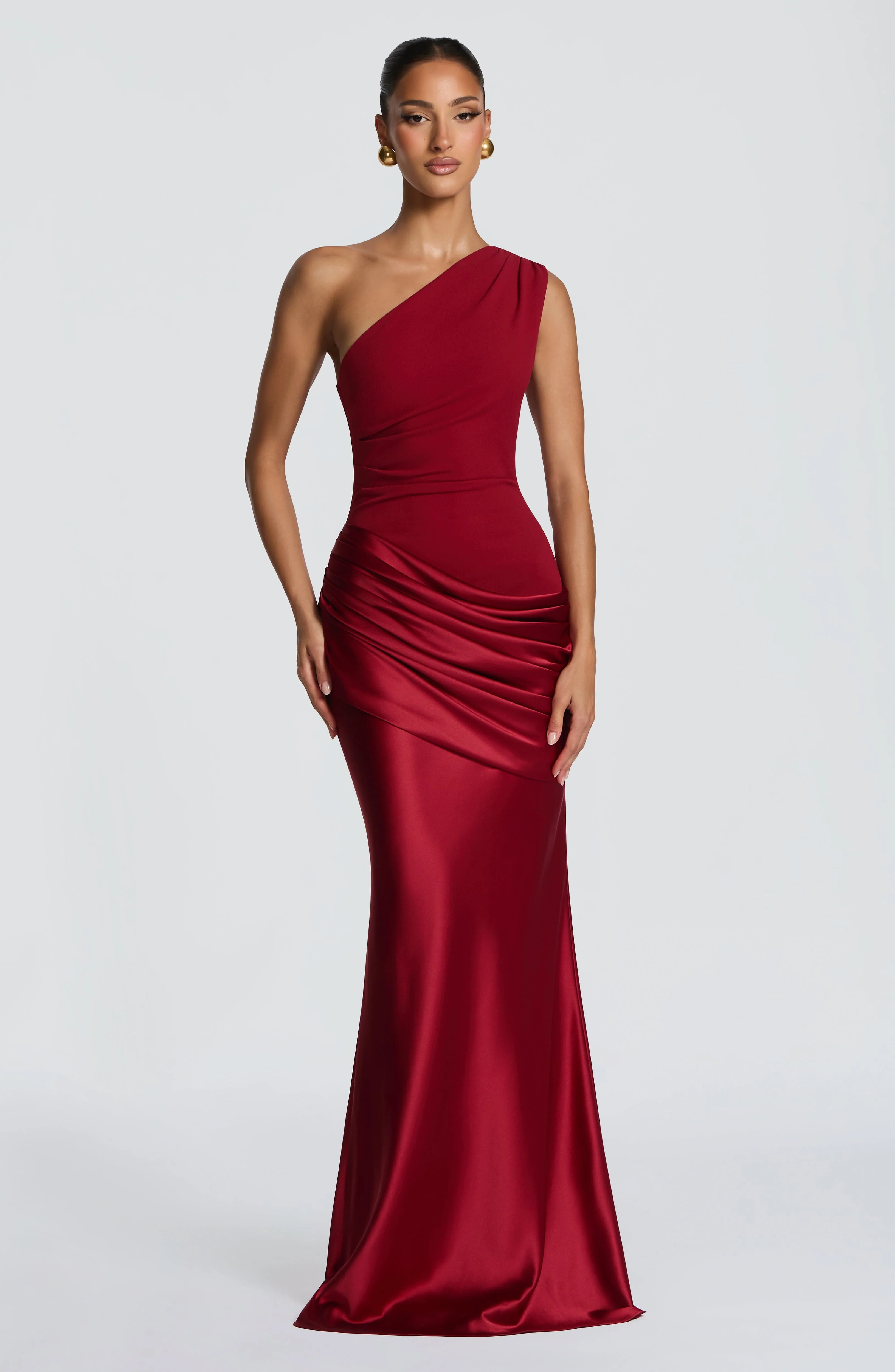 Women��s One Shoulder Satin Maxi Dress Elegant Ruched Design