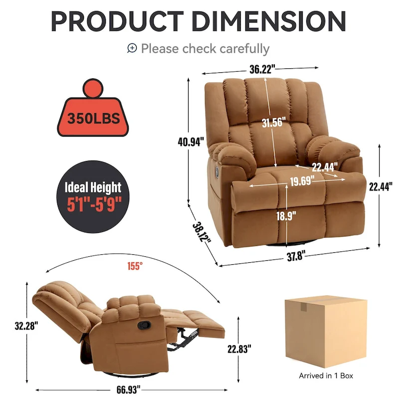 Lazy Boy Swivel Rocker Fabric Recliner Chair, Overstuffed Large Manual Recliner Glider with Pillow Top Arms and Cushion Back