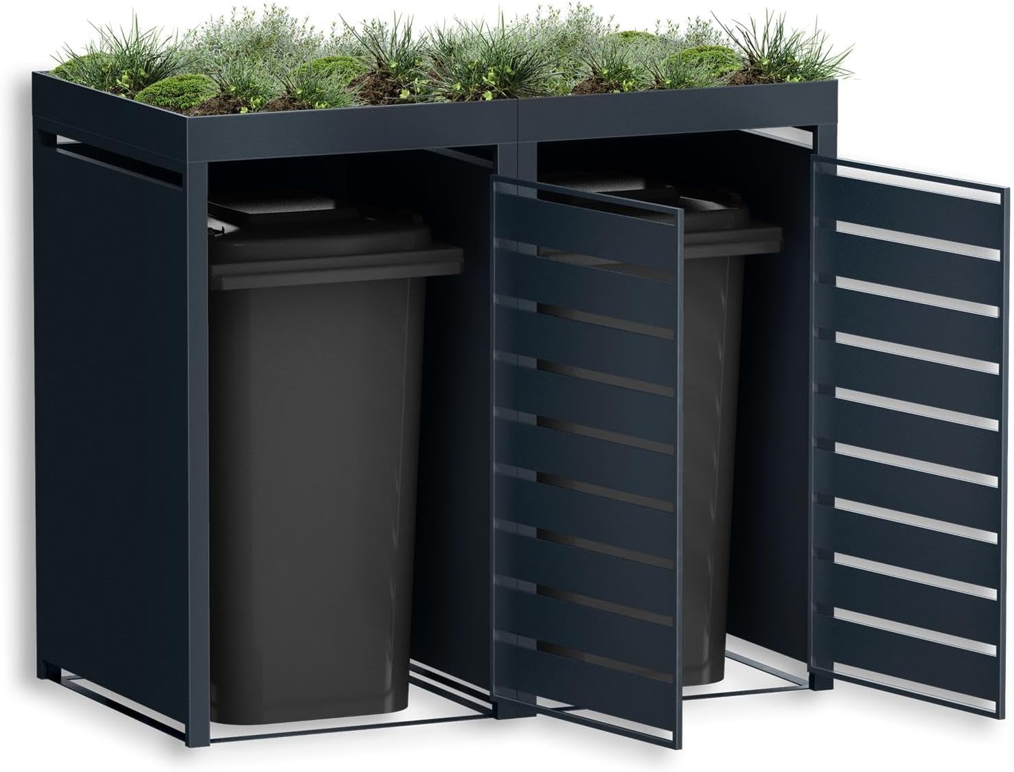 Metzler Mülltonnenbox 2er 240L in Anthrazit & Holzoptik mit Pflanzdach & Sichtstreifen, Mülltonnenverkleidung 2 Tonnen mit Automatikdeckel, Müllbox mit pulverbeschichtetem Stahl rostfrei, abschließbar