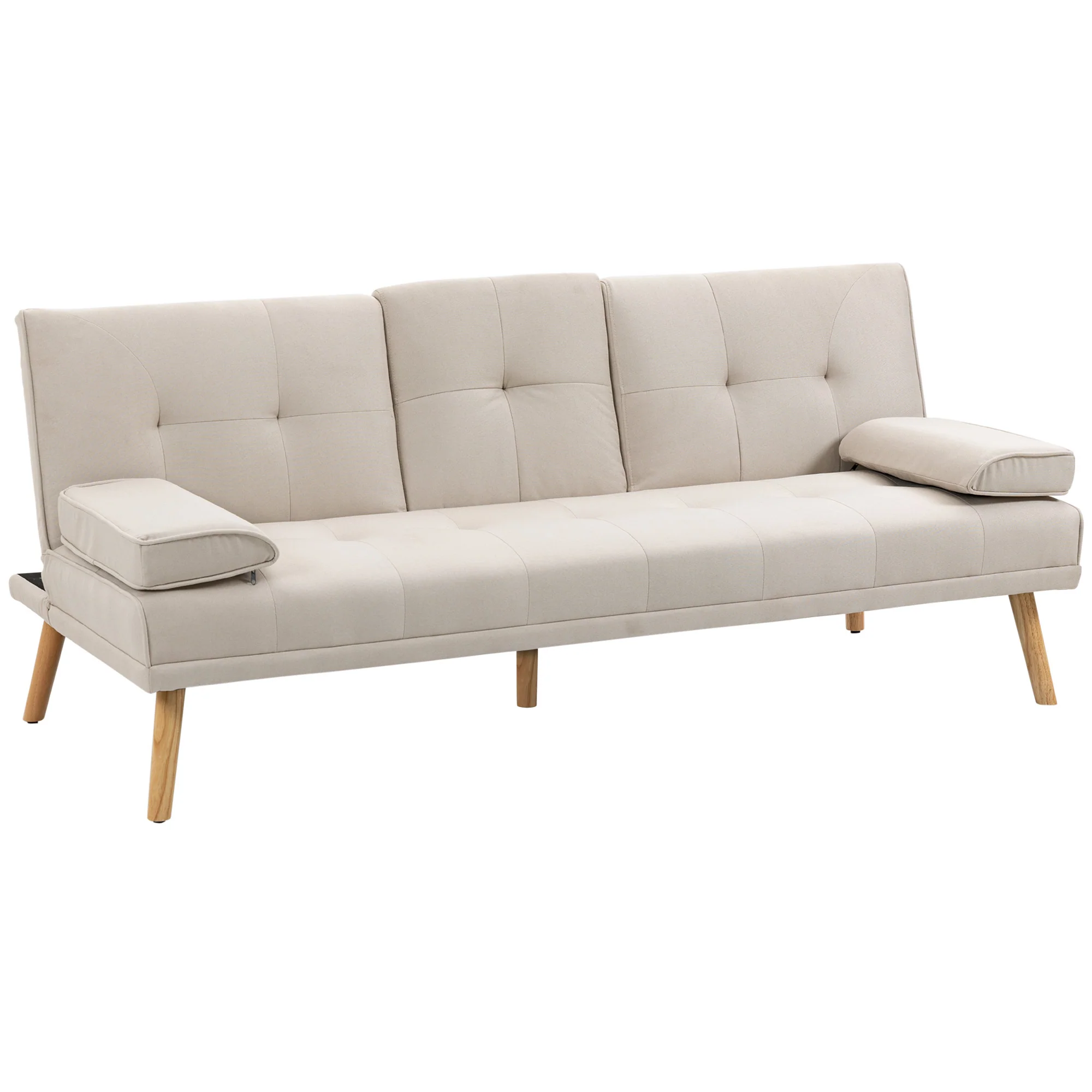 HOMCOM Slaapbank 3-zits, verstelbare rugleuning met inklaptafel, twee armkussens, linnenlook, beige, 181 x 77 x 78 cm