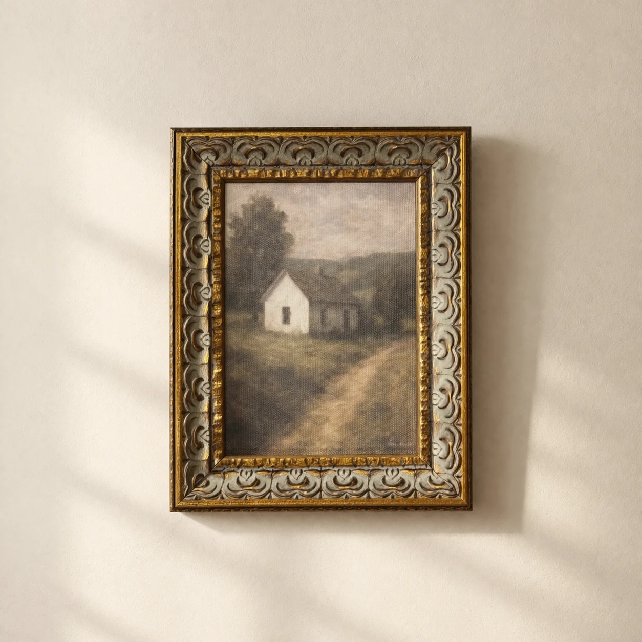 White Farmhouse | Antique Inspired Gold Leaf Crowned Framed Art