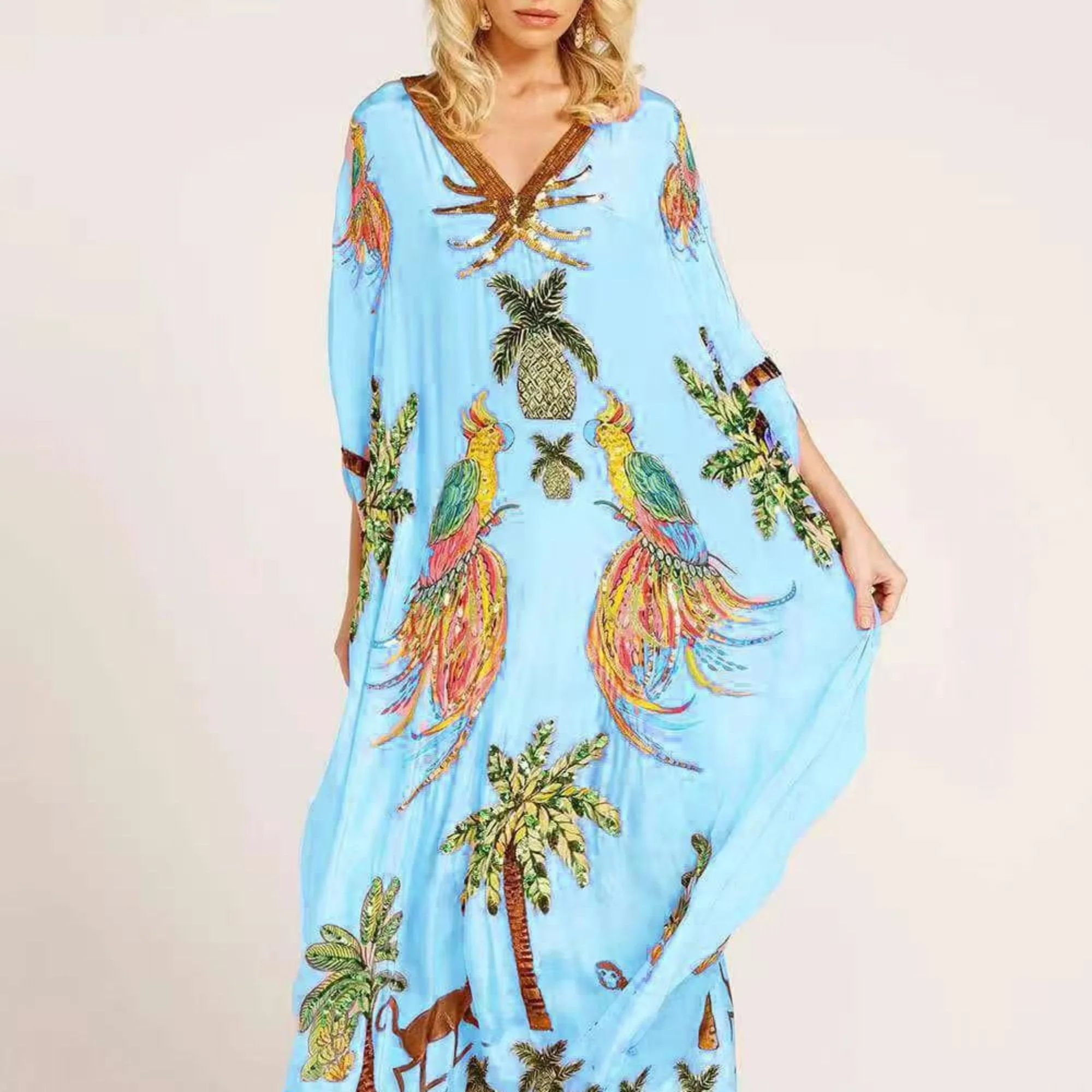 Women��s Tropical Print Kaftan Dress Loose-Fitting Summer Style