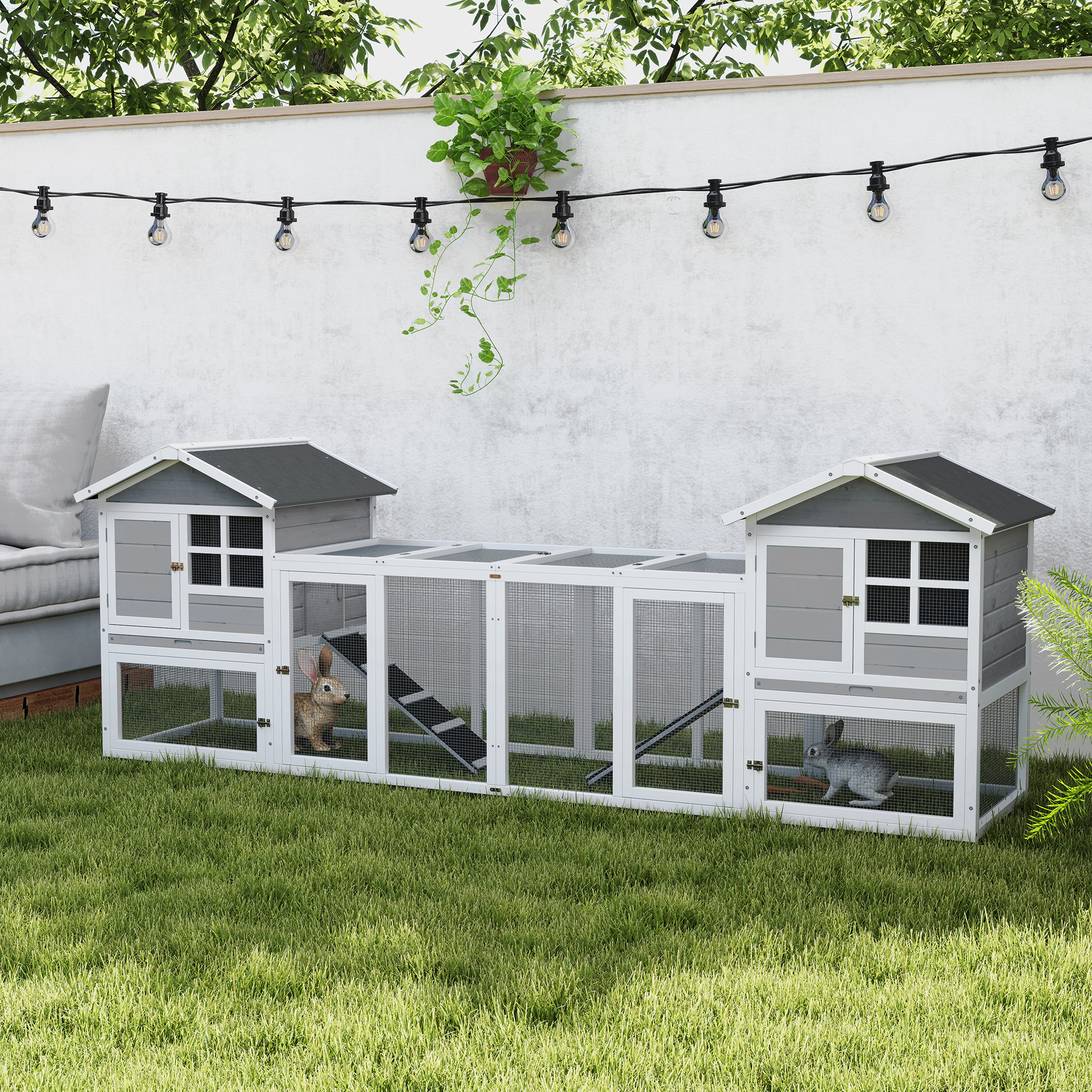 PawHut Kleindierenhok, konijnenhok, buitenren, hok, oprijplank, uitschuifbare bodembakken, wit + grijs