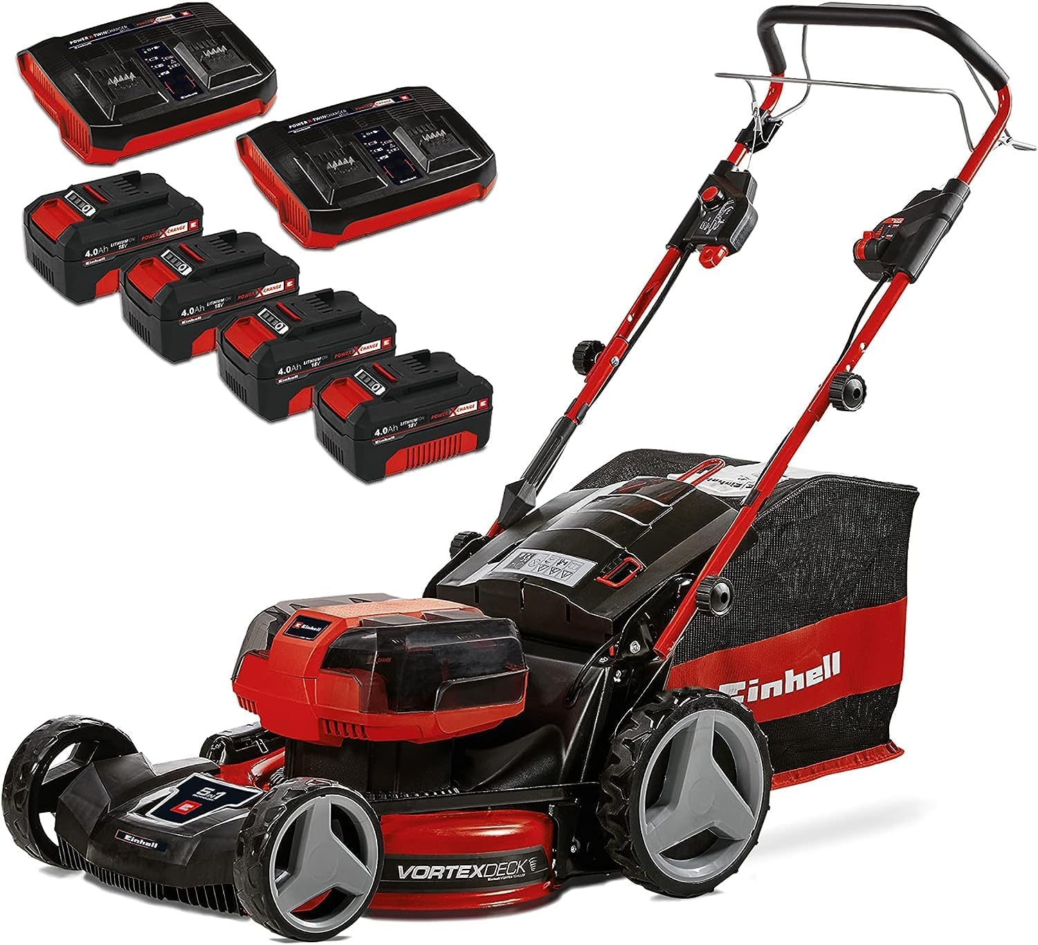Einhell Akkumulátoros fűnyíró GE-CM 36/47 S HW Li Kit Power X-Change (36 V, 47 cm vágásszélesség, akár 700 m, szénkefe nélküli motor, kerékhajtás, 75 L fűgyűjtő, 4x 4,0 Ah akkumulátorral és 2x kétfakkos töltővel)