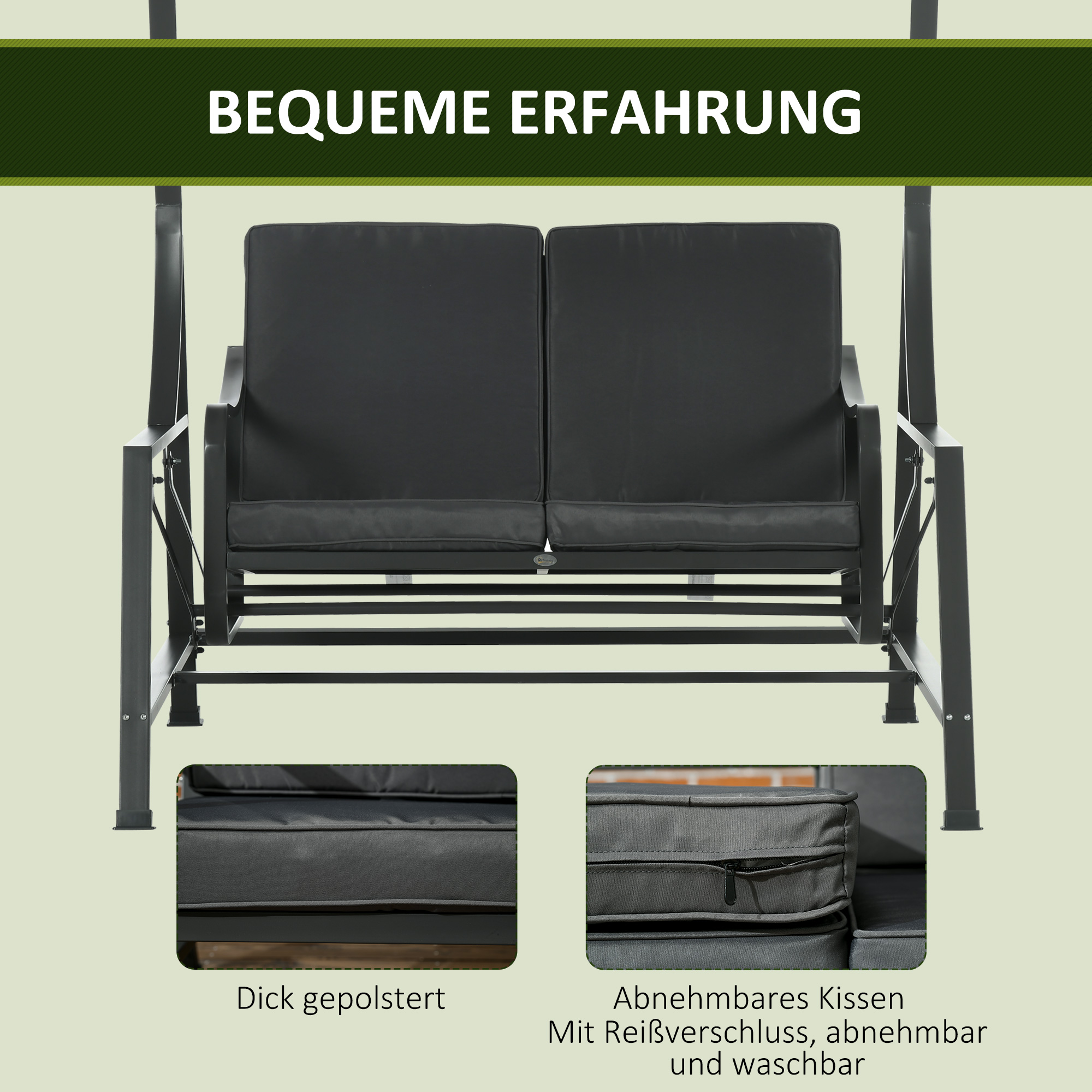 Outsunny tuinschommelset, 2-zits tuinschommelset met baldakijn, grijze kussens