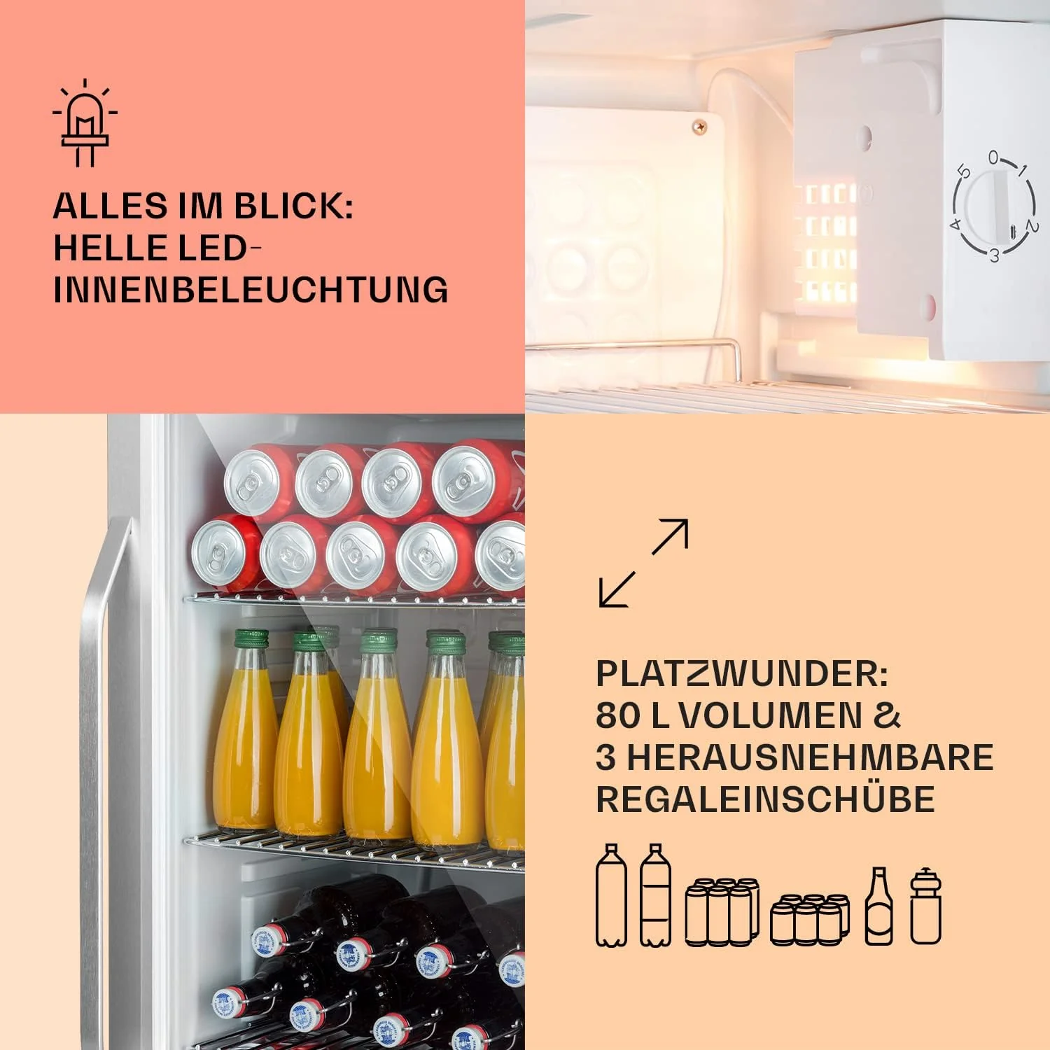 Klarstein Mini Koelkast met Glazen Deur voor Kamer, Drankenkoelkast met Verstelbare Planken, Klein 80 Liter, Indoor/Outdoor Koelkast Stil