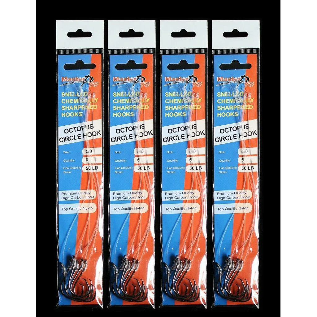 4 Packs Of 6, Masterpro Pre Tied / Snelled Octopus Circle Hooks Size 5/0-6/0 Fishing Tackle