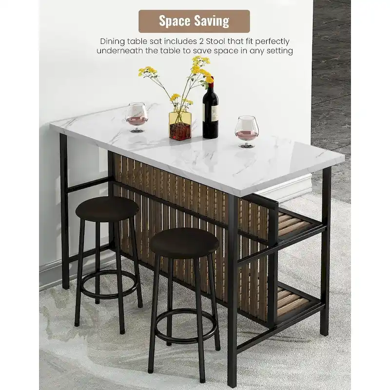 Kitchen Island with 2 Stools and Open Shelves