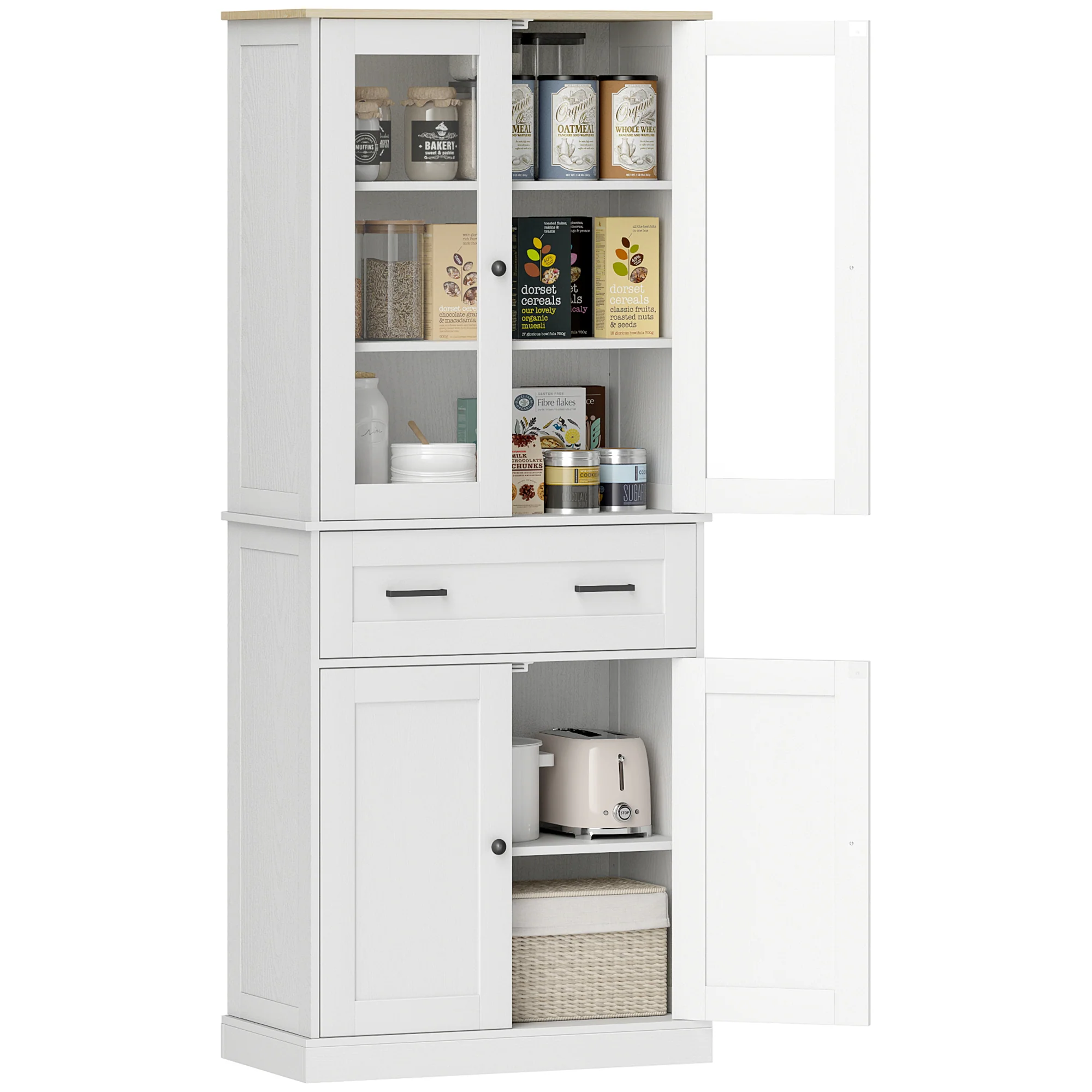 HOMCOM Keukenkast, Buffet, Acrylfront, Lades, 76 x 40 x 182,5 cm, Crèmewit