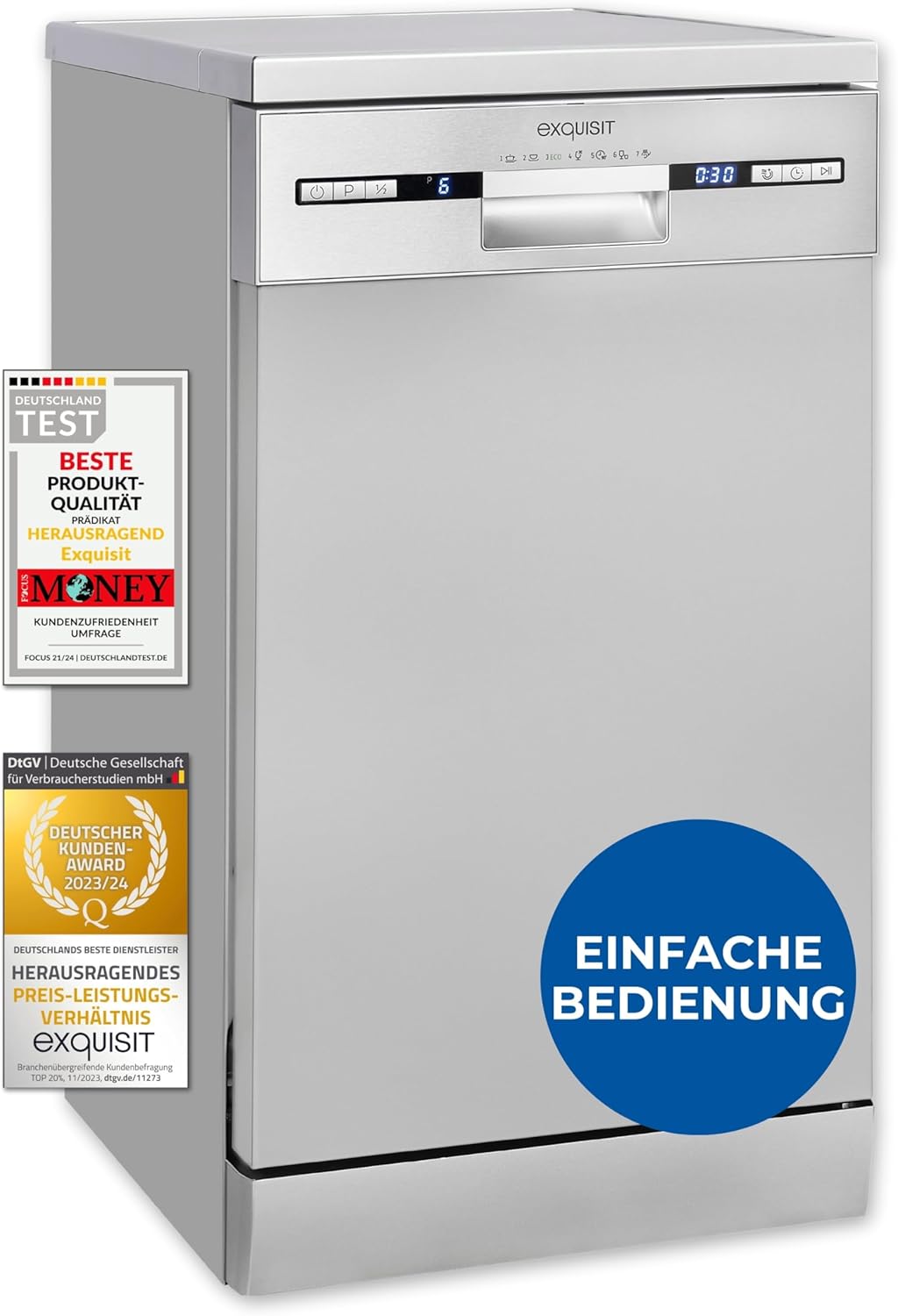 Exquisit Geschirrspüler, 9 Maßgedecke, Spülmaschine 45 cm, Power+, ECO-Modus, Geschirrspüler 45 cm, GSP59109-030E silber