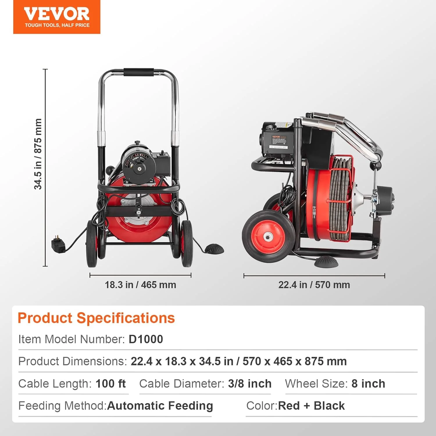 Drain Cleaner Machine 100FT x 1/2 Inch, Auto Feed Sewer Snake Auger on Wheels, 550W Portable Drain Cleaning Machine with 8 Cutters & Air-activated Foot Switch for 2