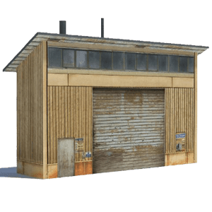 Background Rail Yard Building (tan, rusty roller door)