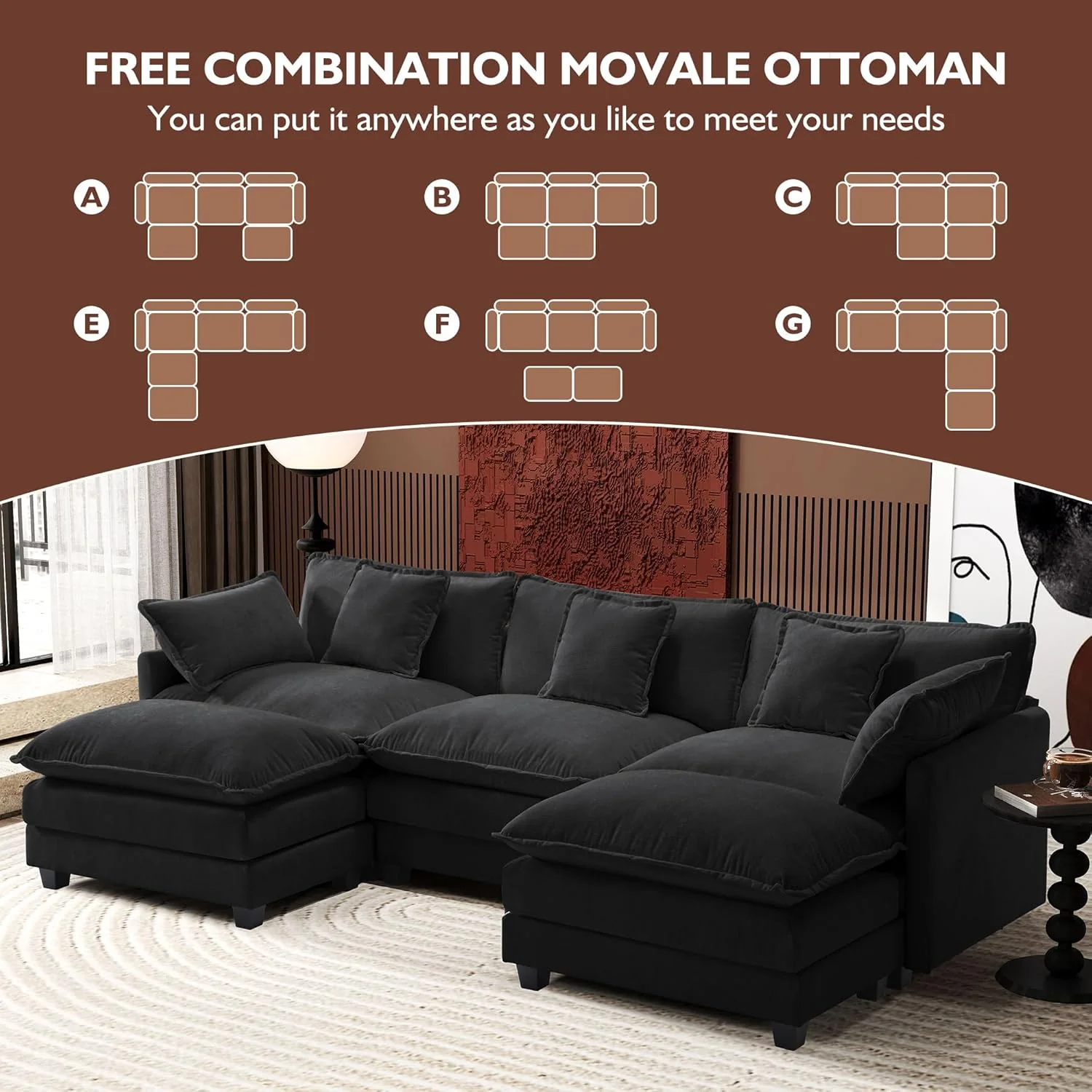 111.4 Inch L-Shaped Modern Sofa Modular Cloud Sofa Ottoman 4-Seater Chenille Deep Seat Sofa