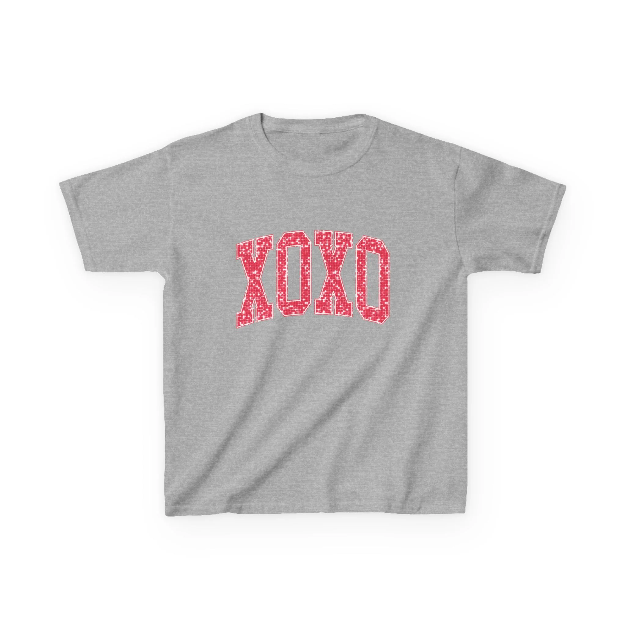 XOXO Kids Tee, Valentine Heart Pattern, Pink Lettering