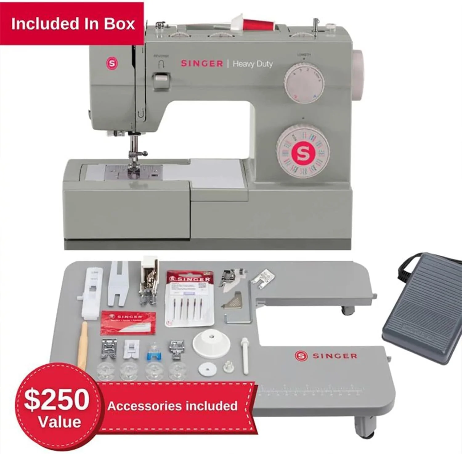 SINGER Heavy Duty 4452 High Speed Sewing Machine With Accessory Kit | Strong Motor with Enhanced Piercing Power, 110 Stitch Applications, Full Metal frame, 1-step Buttonhole & LED Lights