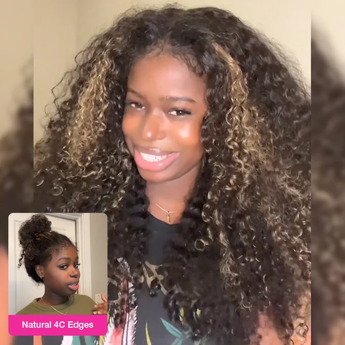 #1B/27 Highlight Glueless 360 Lace Frontal Curly Wigs With Hidden Strap Ready & Go Affordable Human Hair Wigs 220% Density