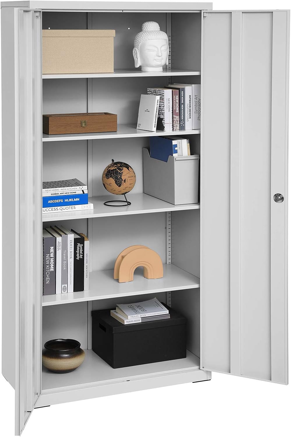 SONGMICS Aktenschrank, Mehrzweckschrank, Stahl-Aufbewahrungsschrank, 5 Ebenen, Doppeltüren, Schloss, Werkzeugschrank, verstellbare Ablagen, Garage, Büro, Wohnzimmer, grau OMC015G01