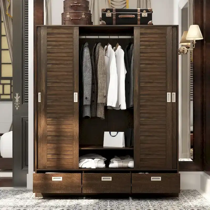 Closet Cabinet Wardrobe Armoire with Drawers, Hanging Rod Brown