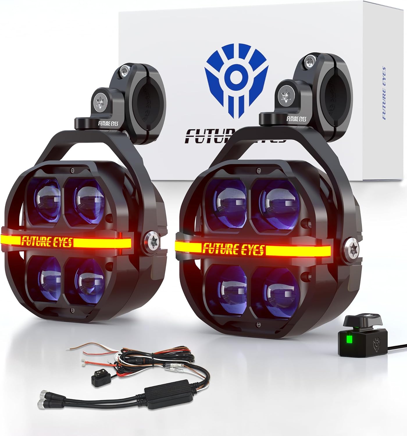 Future Eyes Motorcycle Lights - 180W LED Fog Lights with White Beam, Waterproof Auxiliary Headlights with DRL, Strobe and Arrows, Motorcycle Lights for Night Driving, Off-Road, UTV and ATV