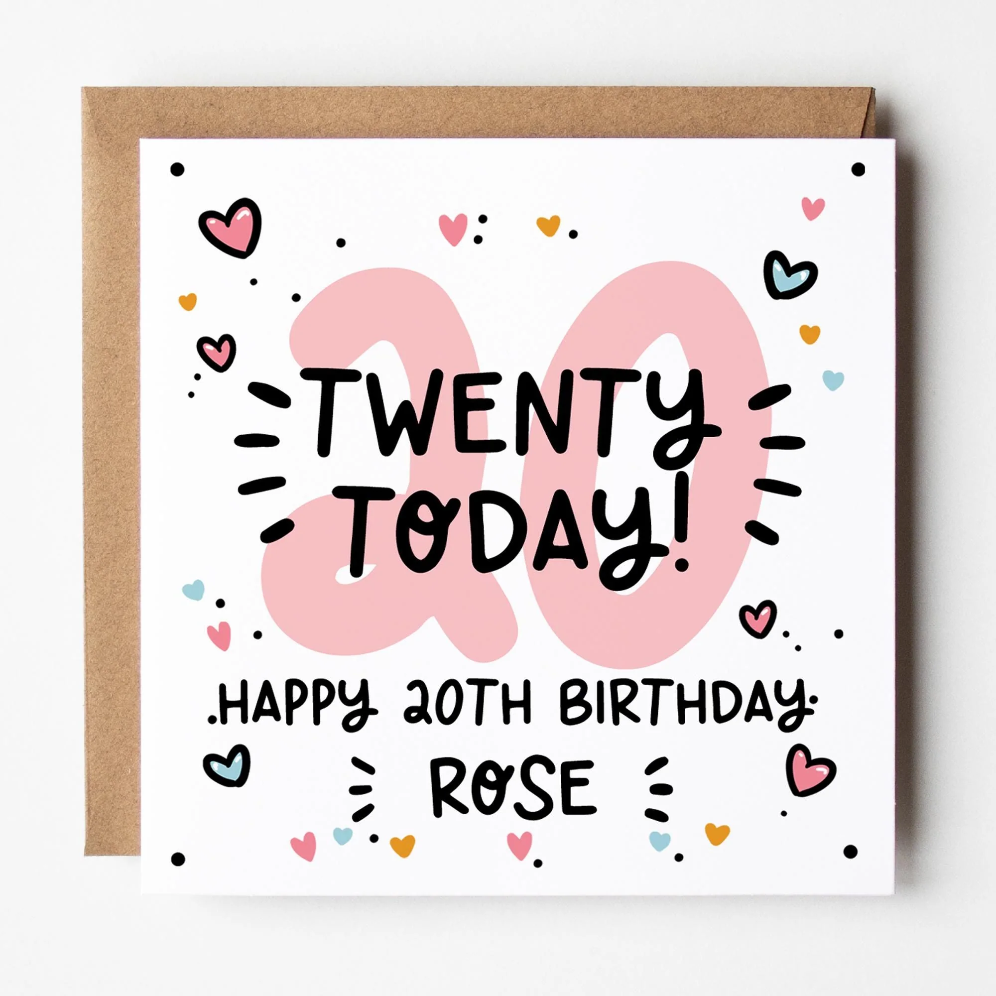 20th Birthday Card: Personalised, Daughter, Sister, Friend with Kraft envelope