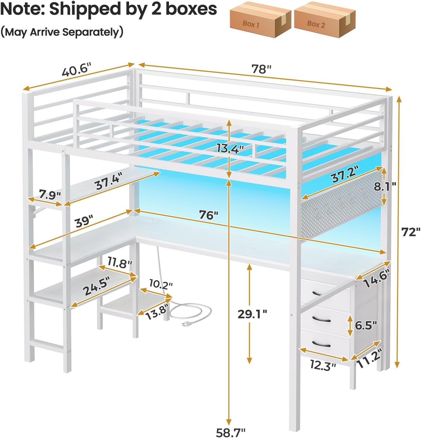ADORNEVE Loft Bed Twin Size with L-Shaped Desk, LED Lights,Charging Station,Twin Metal Loft Bed with Desk, Fabric Drawers & Shelves, 13.4" H Safety Guard, No Box Spring Needed,White
