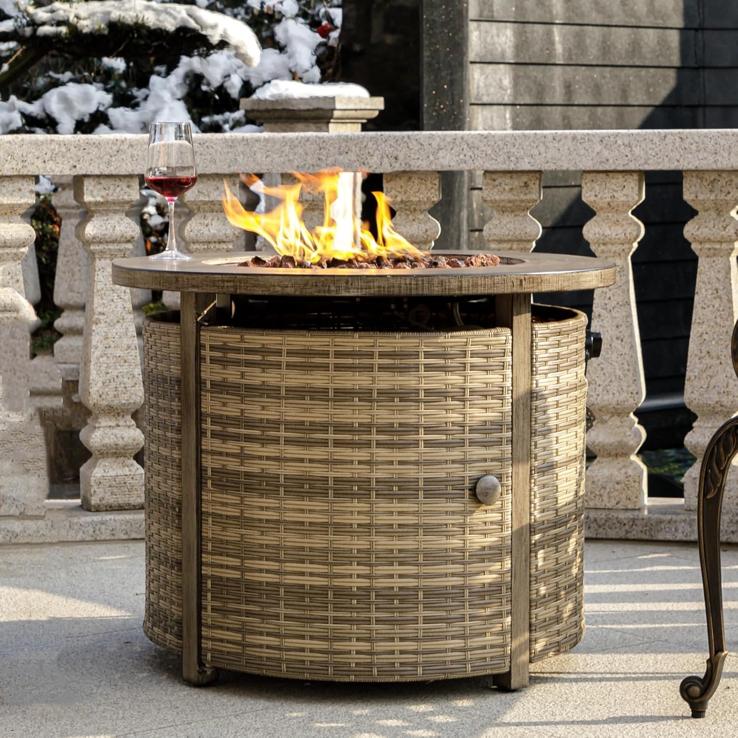 OutVue 32 inch Propane Fire Pit Table,Wicker Gas Fire Pits Table with Lid & Lava Rocks, 50000 BTU Round Propane Firepit for Outside, Fire Table for Dining,Party, Patio,Yard