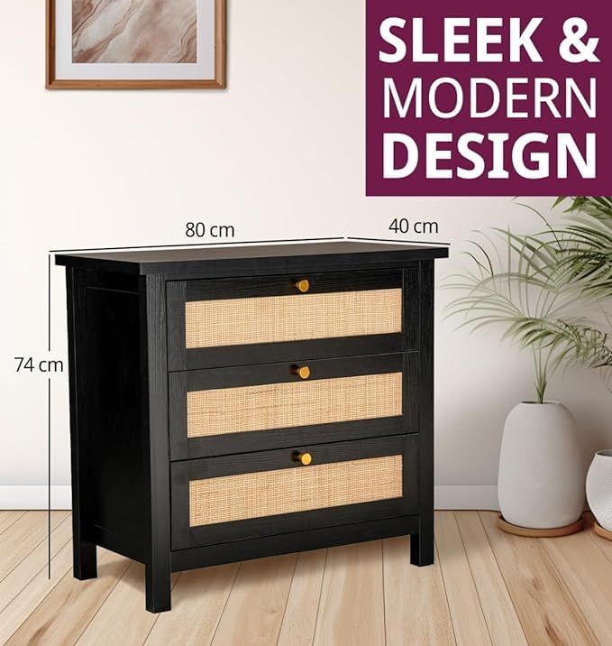 Hallowood Furniture Newquay   Cassettiera nera con 3 cassetti in legno e parte anteriore in rattan, piccola cassettiera, comodino, corridoio e camera da letto, armadietti per soggiorno, NRB CHE2 : Amazon.it: Casa e cucina