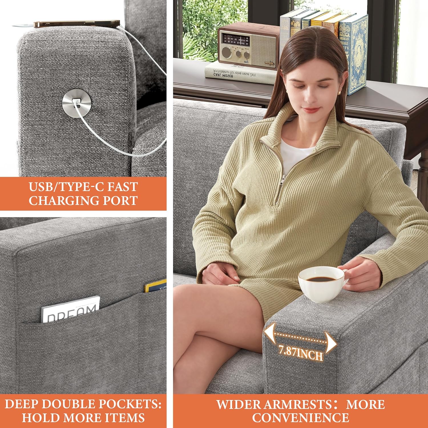111.4 Inch L-Shaped Modern Sofa Modular Cloud Sofa Ottoman 4-Seater Chenille Deep Seat Sofa