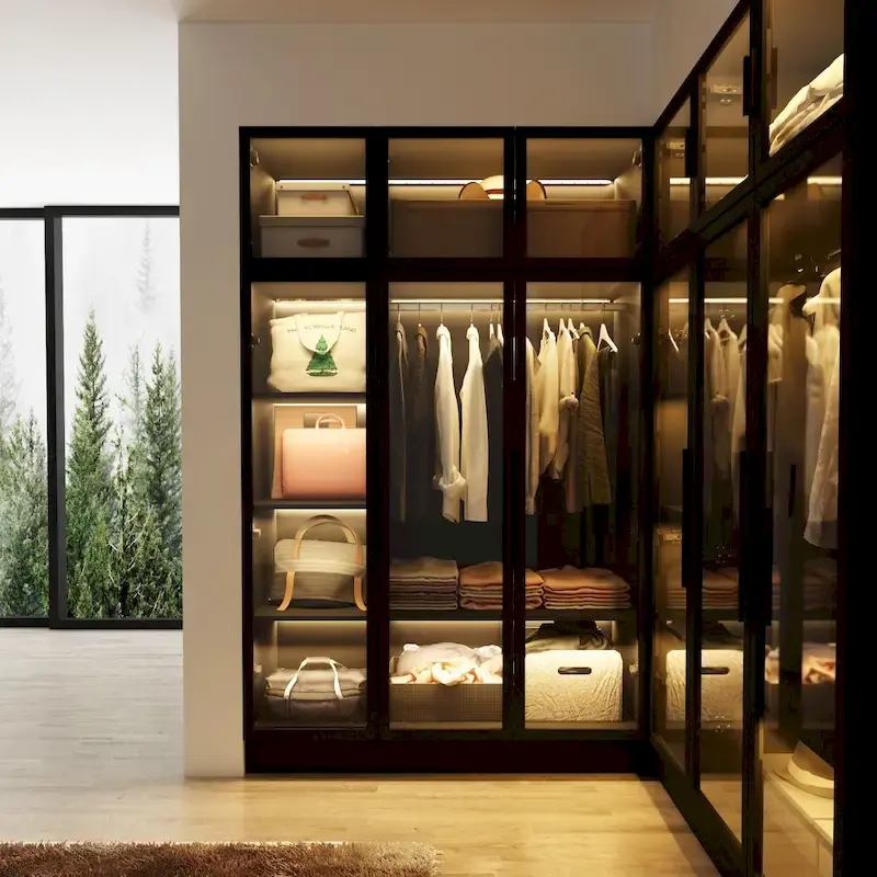 47.2 Wide Armoire LED Light All Glass Door Closet Cabinet Wardrobe