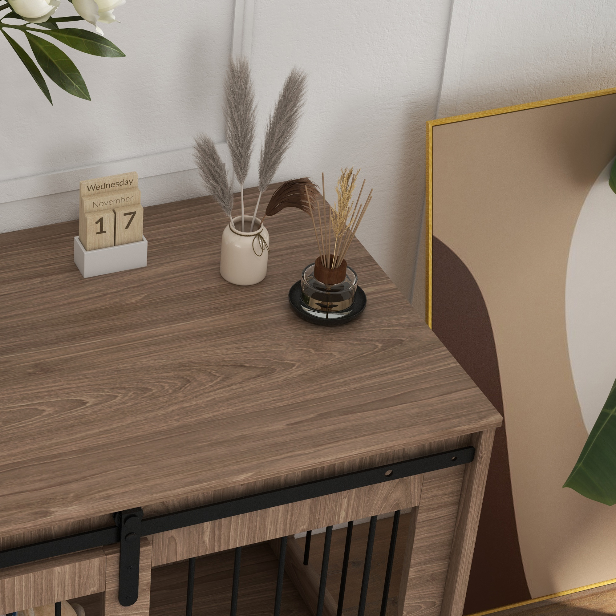 PawHut Hondenbench Hondenkooi, Afsluitbaar, Houtlook, Rustiek Ontwerp, 98 cm x 58 cm x 67 cm, Walnoot + Zwart