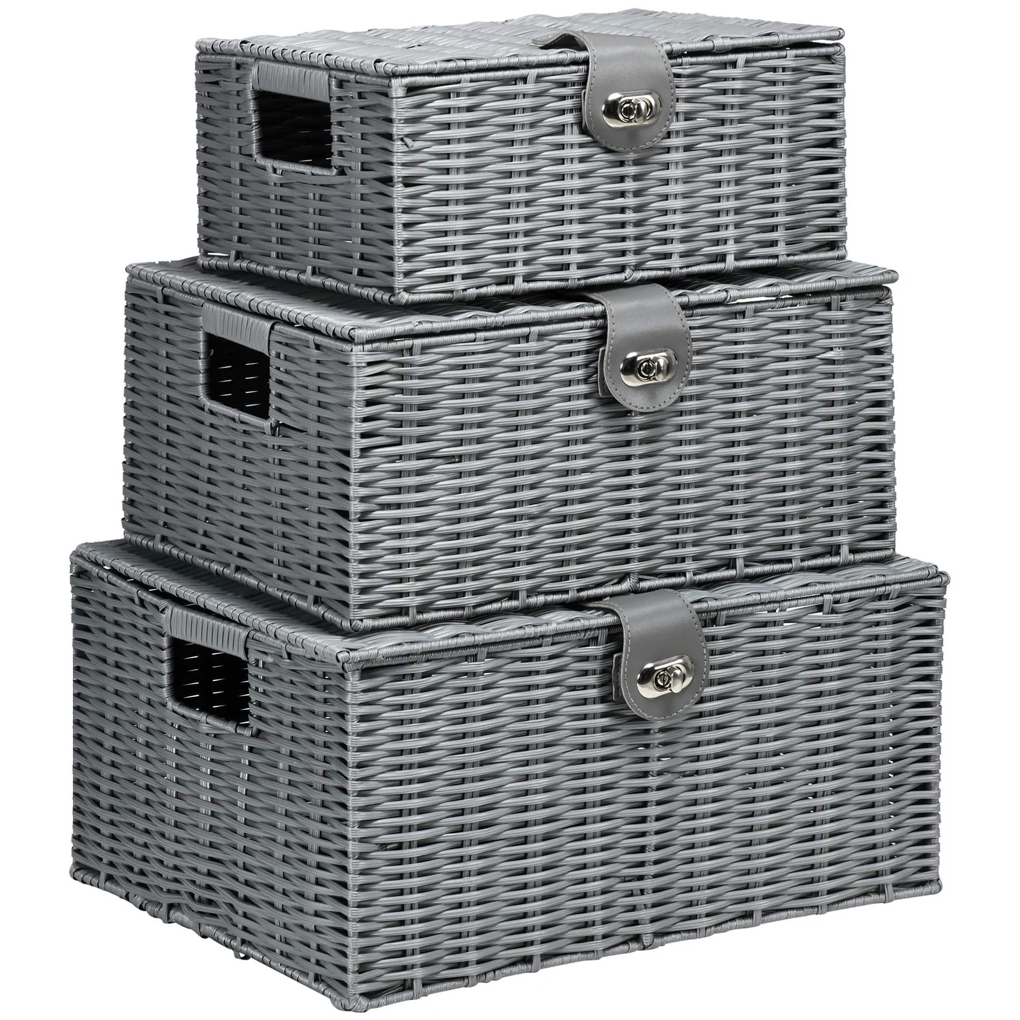 HOMCOM Aufbewahrungskorb 3er-Set handgeflochten mit Deckel