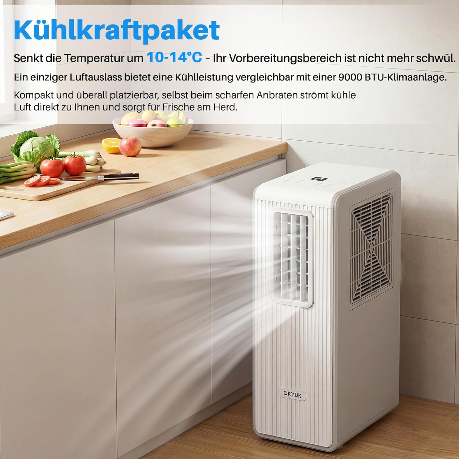 OKYUK Mobiles Klimagerät, 200W Energiesparend, R290 Umweltfreundliches Kältemittel, 3‑in‑1 Klimaanlage, Luftentfeuchter, Ventilator Ventilieren Leise
