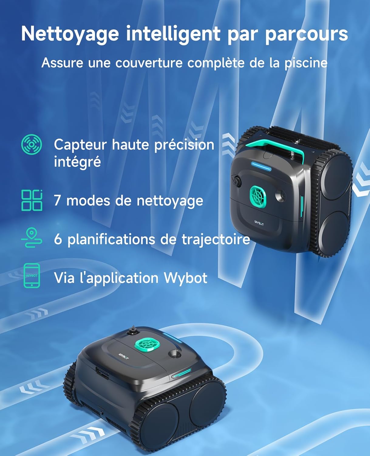 WYBOT C2 Robot Piscine sans Fil pour Piscines Enterrées 150㎡, Double Filtration, 3 Moteurs, Aspiration Puissante, Nettoyage Parois & Ligne d'eau, 180 Min, App