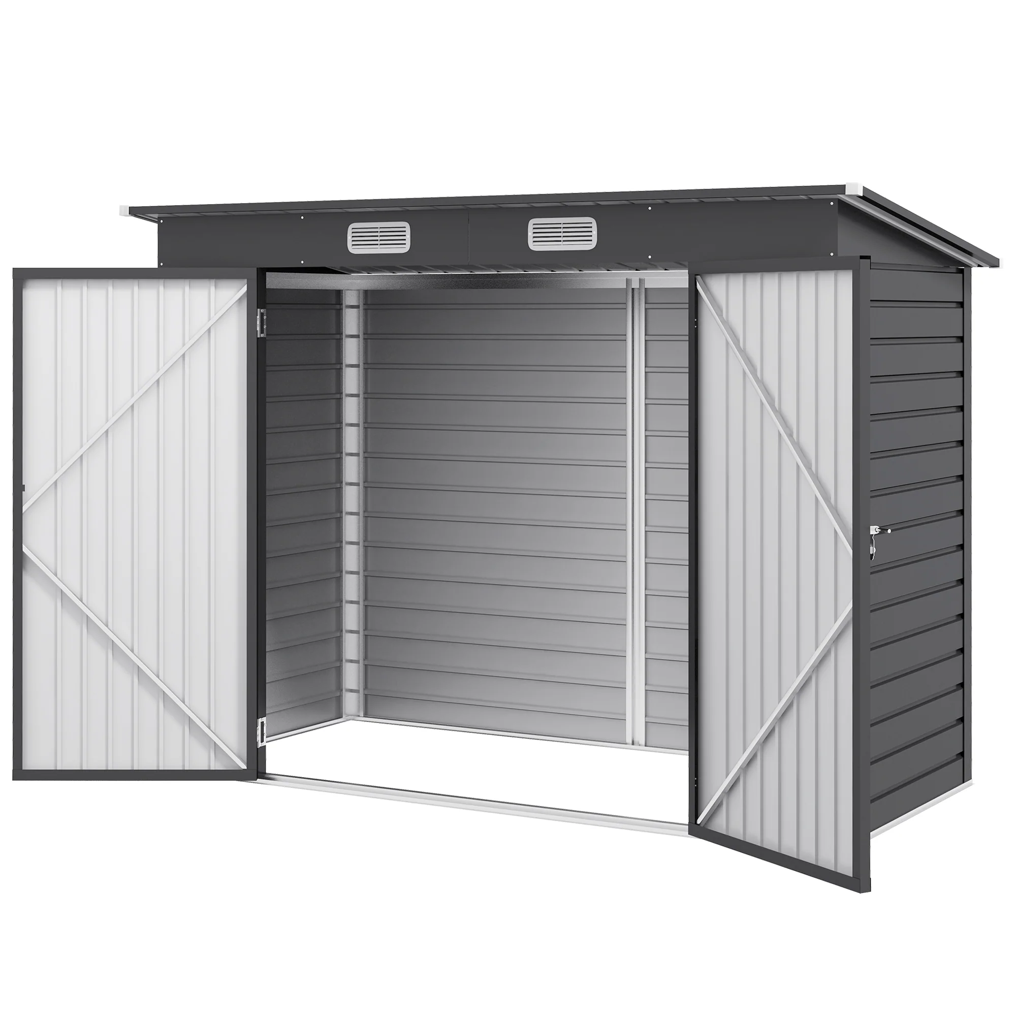 Outsunny Stalen tuinschuurtje, Geräteschuppen, Dubbele Deuren, 249B x 121D x 166/183H cm, Grijs