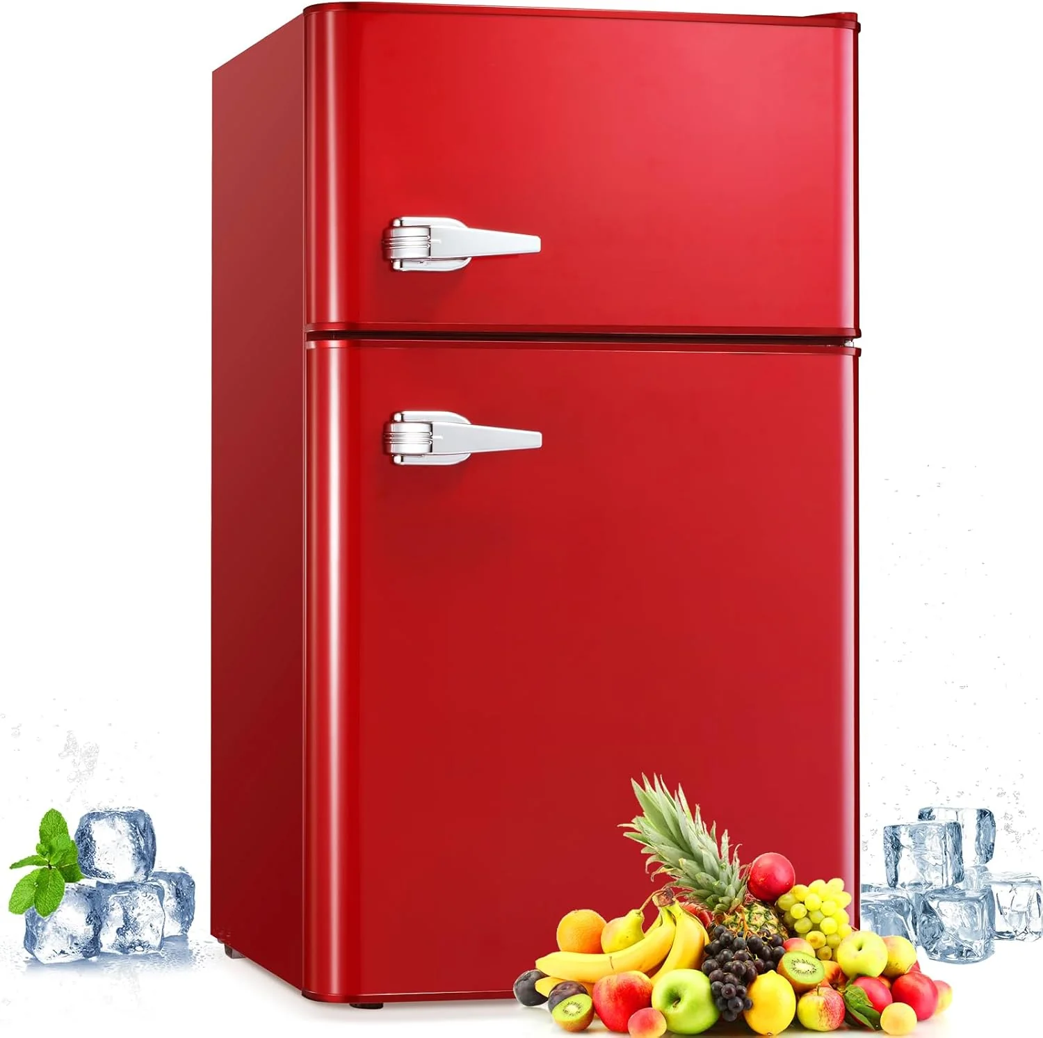Antarctic Star Compact Mini Refrigerator Separate Freezer, Small Fridge Double 2-Door Adjustable Removable Retro Stainless Steel Shelves Living room/Kitchen/Dorm/Office 3.2 cu ft.Green