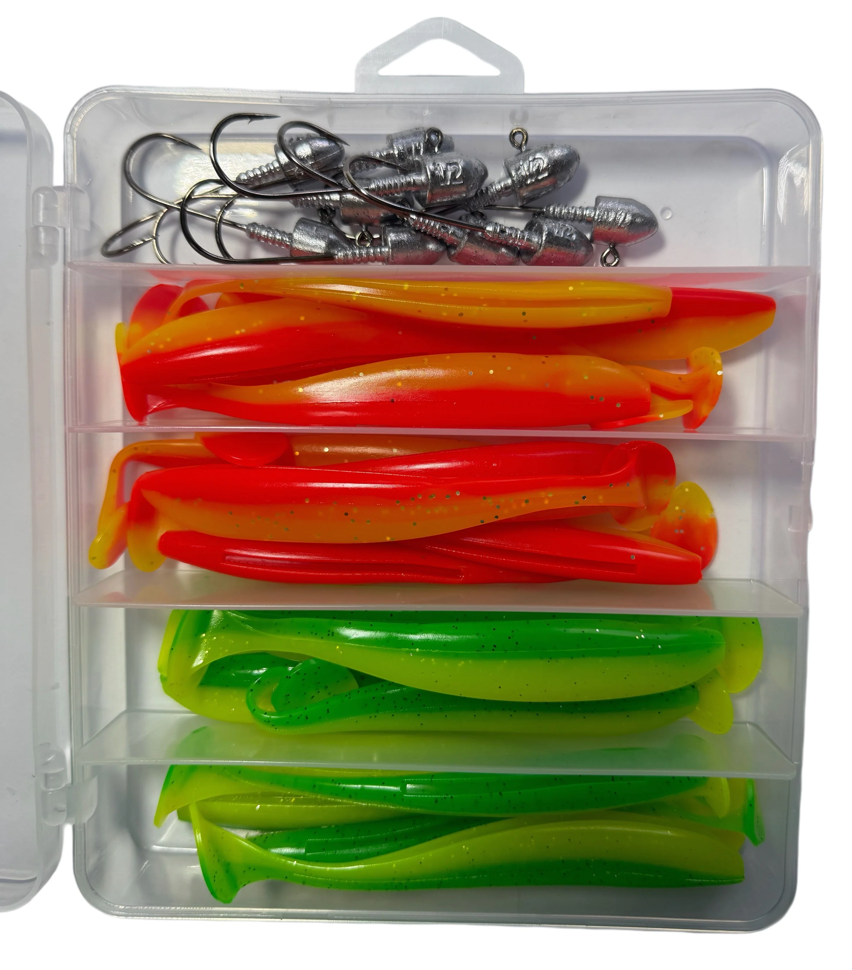 MASTERPRO 12cm Paddle Tail Lures & Jigheads Combo �?30pcs Fishing Tackle Set for Snapper Flathead Salmon �?Saltwater Ready Bonus Tackle Box