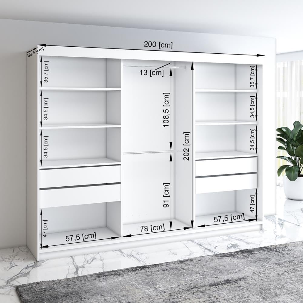 A&J MöbelLand Schwebetürenschrank VILUNO 4 Kleiderschrank 3-türig 200 cm mit Spiegel, 4 Schubladen & 2 Kleiderstangen, Geräumiger Schlafzimmerschrank (Weiß)