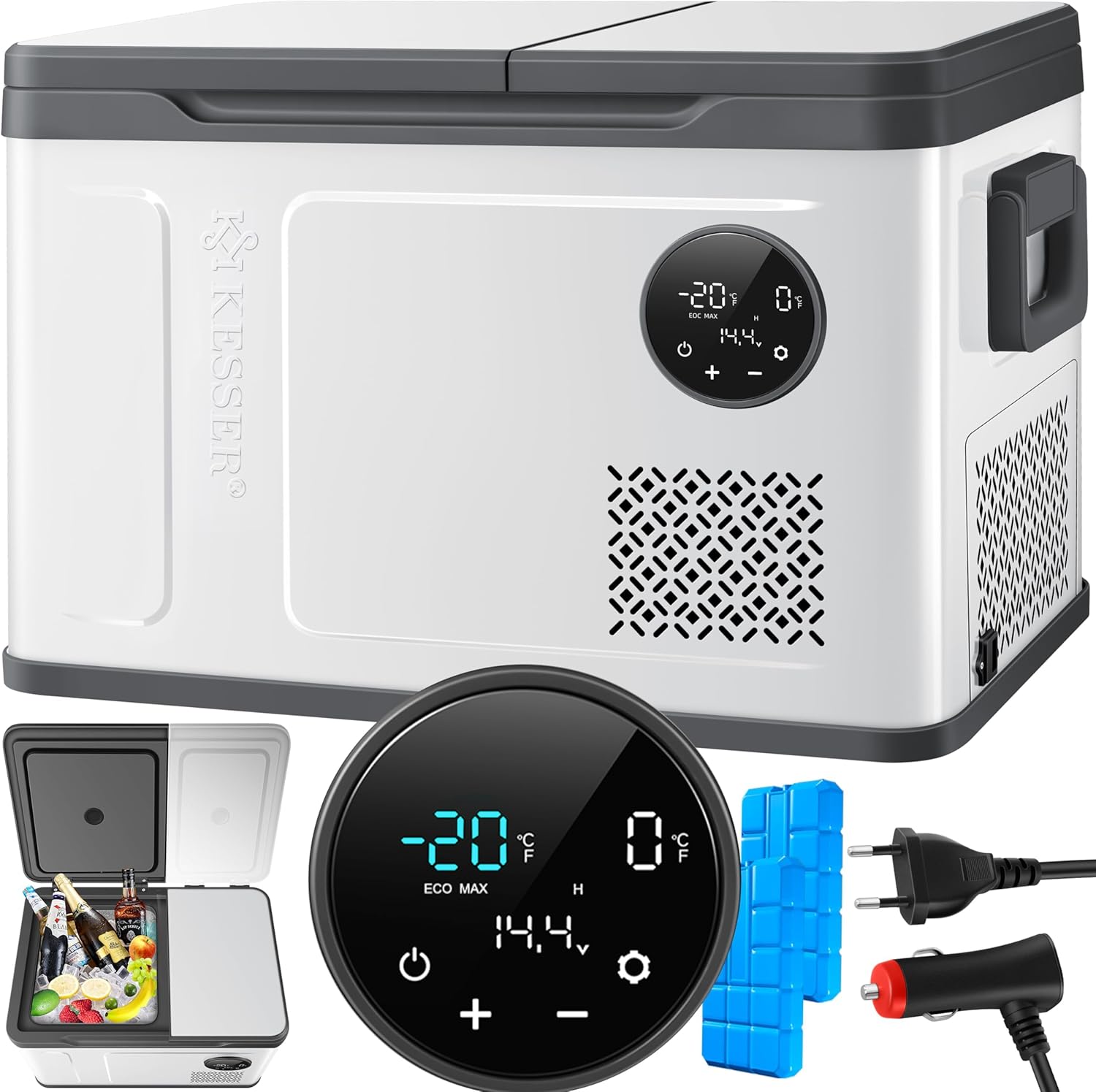 KESSER Kompressor Kühlbox 2in1 Doppelzone Kühl & Gefrierfach elektrische Gefrierbox mit 2x Kühlakkus & LED-Touch-Bedienung | Kühlschrank Kühlung bis -20 °C für Camping, Auto, Lkw 12/24V 230V