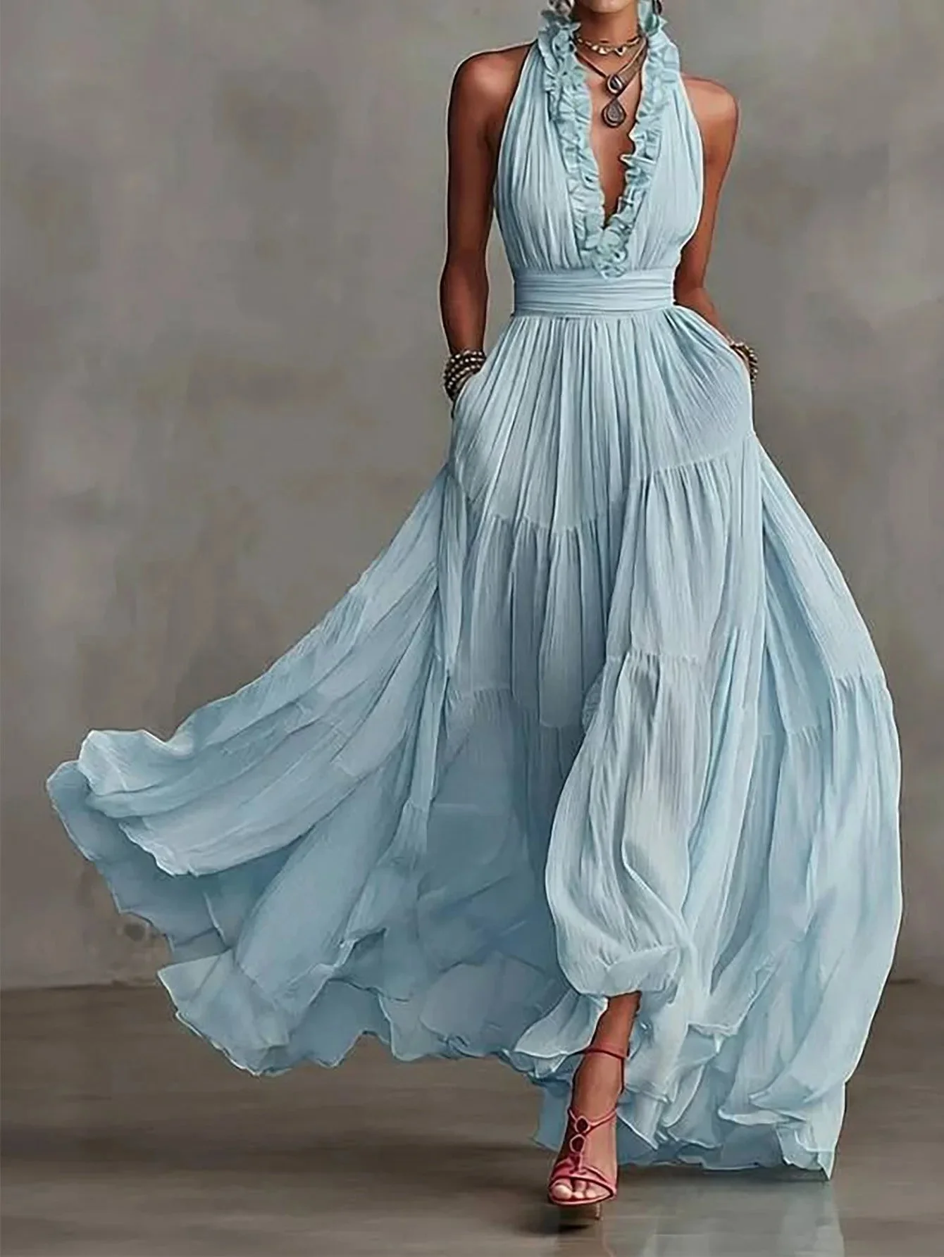 Women��s Evening Maxi Dress Elegant Pleated Skirt with Ruffle Trim