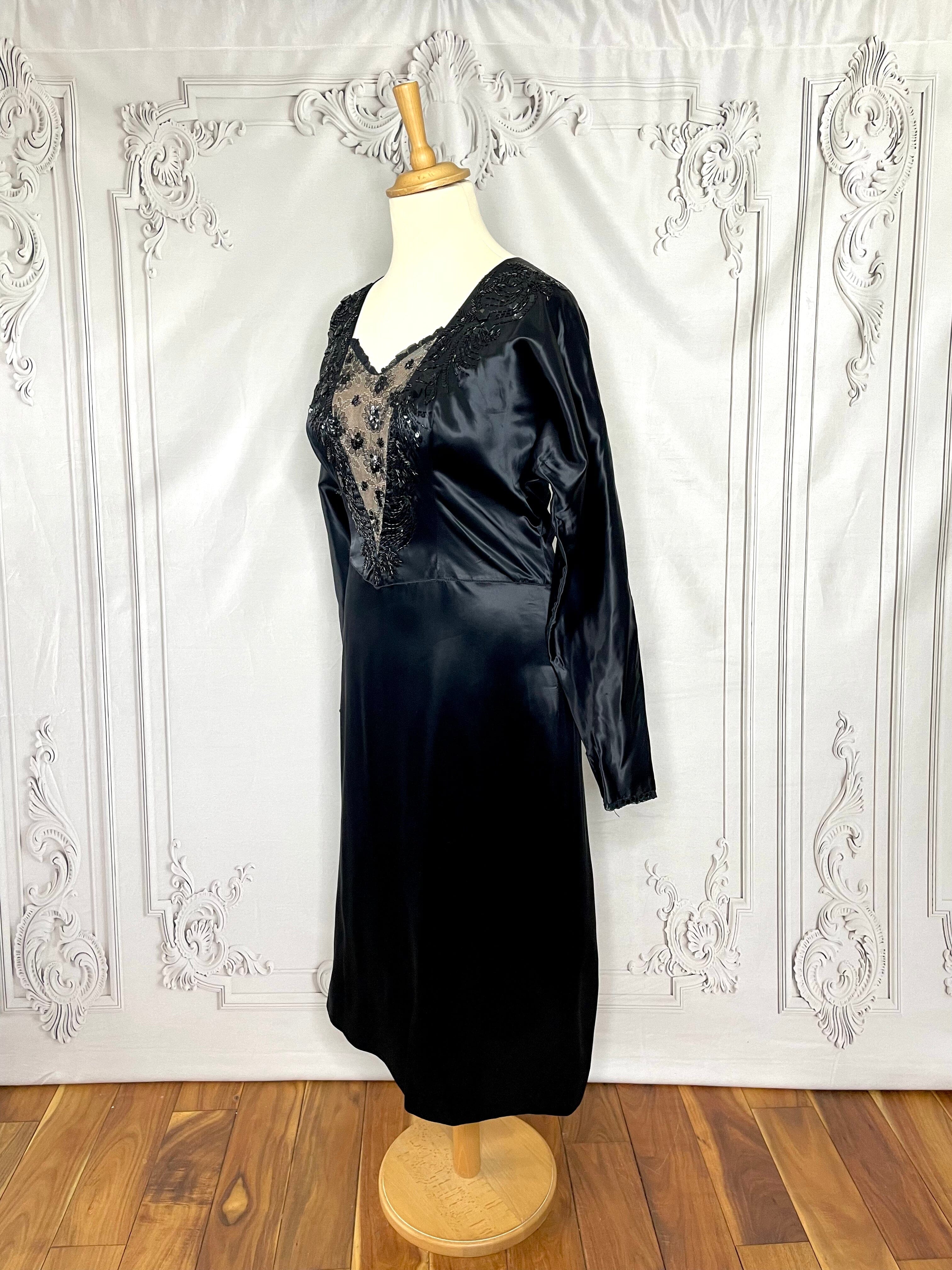 1950s Does 1930s Embellished & Beaded Satin Dress