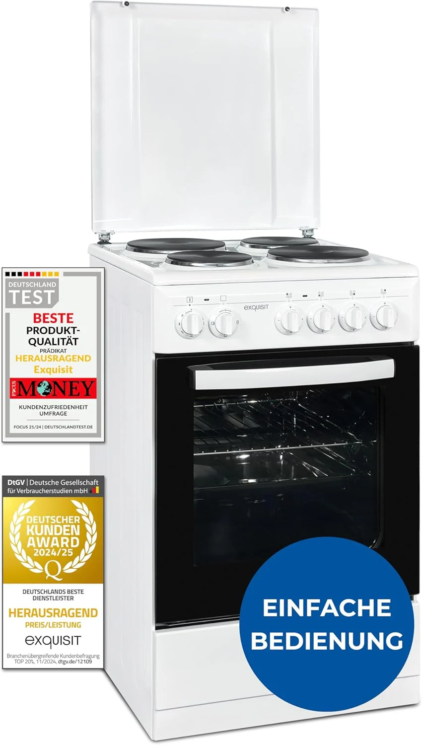 Exquisit Standherd, Standherd 50 cm Breite, Massekochfeld, einfach zu bedienen, 48 l Garraum, Elektro-Standherd 50 cm, EH9-3-090 weiss
