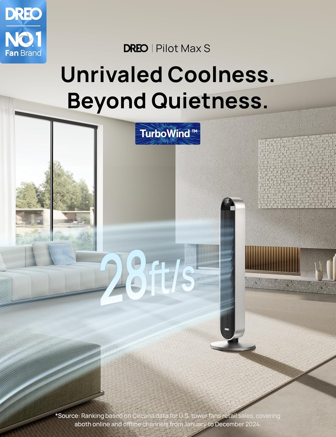 Dreo 25 dB-es csendes, okos toronyventilátor hangvezérléssel, WiFi Alexa ventilátor, APP vezérlés, 120°-ban oszcilláló állóventilátor, 12 sebességfokozat, 4 üzemmód, 12 órás időzítő, Pilot Max S