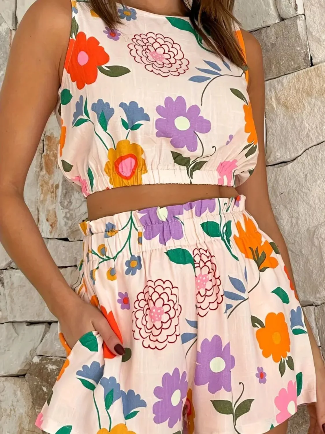 Floral Round Neck Tank and Shorts Set