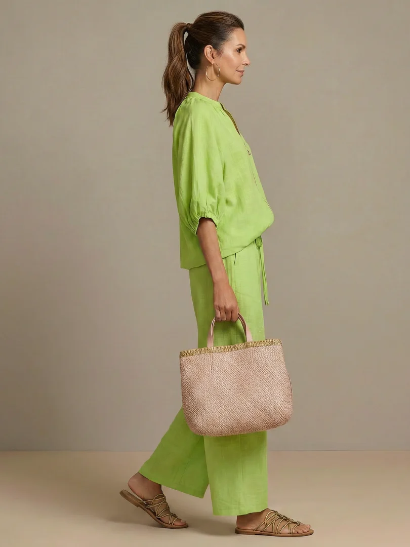 Women��s Two-Piece Zip Front Blouson Top and Wide Leg Trousers Set