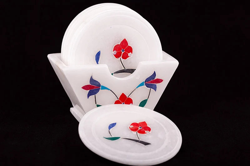 Crimson Floret Coaster With Stand, Set of 6