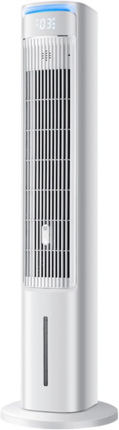 Leiser Turm-Klimagerät mit Verdunstungskühlung, 3 Geschwindigkeitsstufen, 12-Stunden-Timer und Aromafunktion. Tragbare Klimaanlage, Keine Fenster erforderlich, Kühlakkus, Abnehmbarer 5-Liter-Tank.