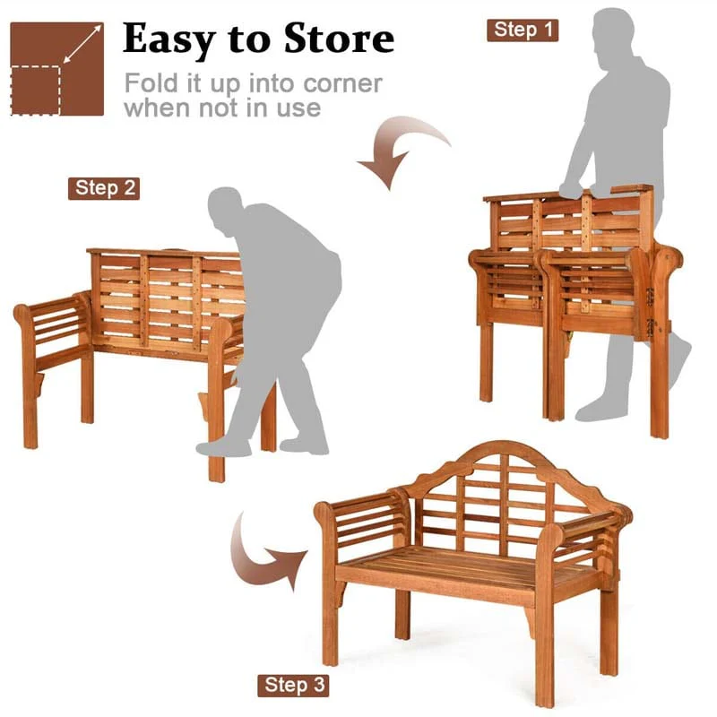 4 FT Folding Outdoor Bench for Park Garden, 2-Person Eucalyptus Wood Bench Loveseat Chair